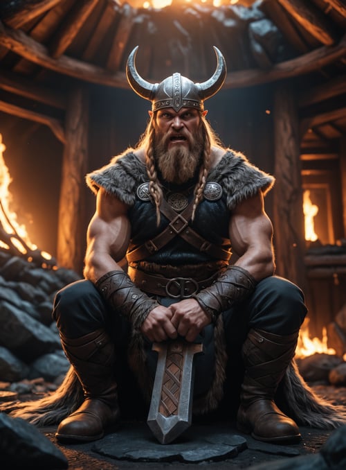 (Closeup an angry viking holding Mjolnir sitting near Yggdrasil epic pose epic light glowing runes), Wide angle, chaotic cabin in background. vibrant, photorealistic, realistic, dramatic, dark, sharp focus, 8k.