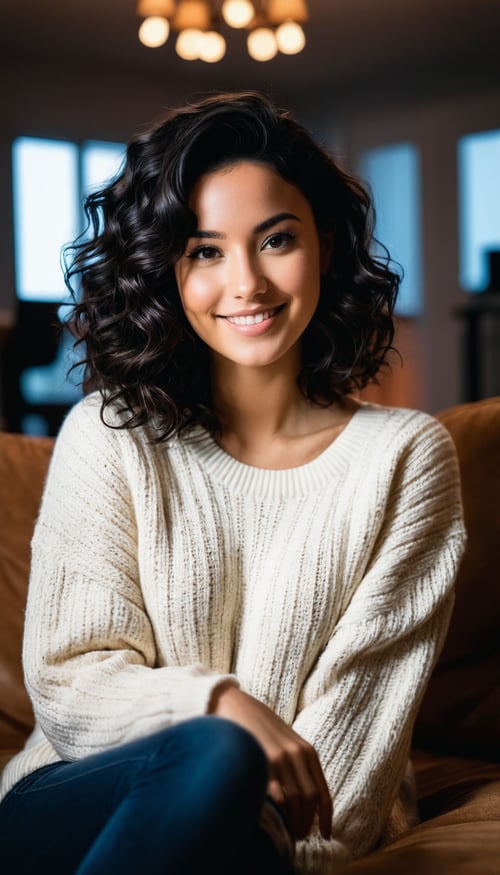 night, indoors, living room, couch, 1girl, black hair, medium hair, wavy hair, sweater, smile, high contrast, looking at viewer, contrast, vibrant, intense, stunning, using a Canon EOS R6 and a 16-35mm to capture every detail and angle, with emphasis on the lighting and shadows,8K,