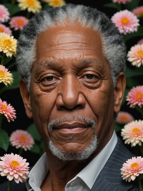 a close-up of a gorgeous beautiful bombastic Morgan Freeman  in an image filled with deep darks in the style of an analog film grain, hdr, extremely detailed, 8k, 35mm photograph, background with flowers, amazing natural lighting, brilliant composition
