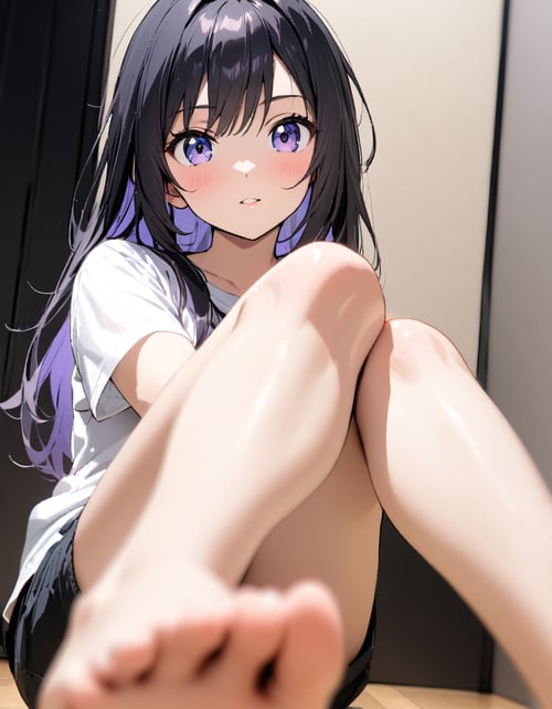 masterpiece, best quality, portrait photo of a 18 years old j-pop girl sitting on the floor, cross legs, bare feet, wearing shorts, white shirt, beautiful face, perfect eyes, long hair, (posing to viewer), (low angle, shot from feet),<lora:hinaMaybeBetterPoseXL_v2:0.8>
