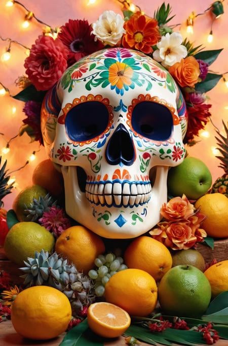 stunning still-life photo render of a Mexican Skull Calavera, surrounded by poetic ornamental elements such as fruits, flowers, garlands of lights and native plants, studio lighting, 8k