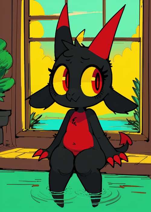 solo (chibi toony), (fwench fwy \(chikn nuggit\):1.25), (short snout:1.35), (grey black body, red countershading, red horns, red finger claws), goat demon, dragon tail, big eyes, red eyes, yellow sclera, short limbs, sitting, three-quarter portrait, flat chested, BREAK, (by Replytoanons, by Kisef, by Dbaru), by Pockyrumz, lake, water, window, plant, masterpiece, best quality, 4k, 2k, high detail, absurd res