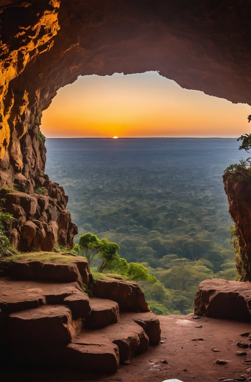 photograph, landscape of a Mythical Grotto from inside of a Harare, at Twilight, Depressing, Cloudpunk, Cold Lighting, dynamic, Nikon d850, Depth of field 270mm, Amaro, Golden ratio 