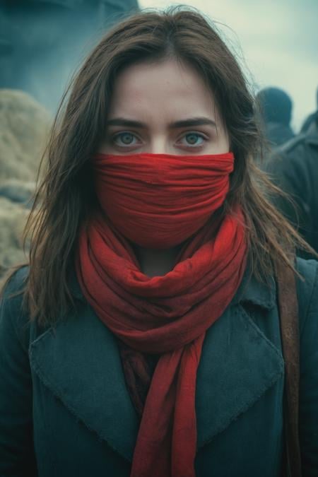 Woman, red scarf on face, character portrait, (mortal engines:1.2), epic photo, Fujifilm XT3, Canon R5, Fujicolor Fujichrome Velvia 100
