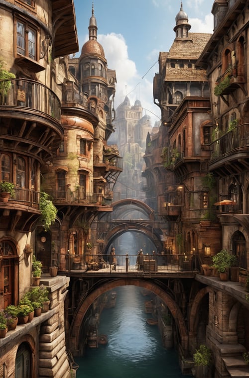 ((masterpiece)),((best quality)),((high detial)),((realistic,)) Industrial age city, deep canyons in the middle, architectural streets, bazaars, Bridges, rainy days, steampunk, European architecture 