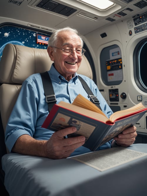 an lovely smiling old grandpa reading a bed time story in space, NASA, spaceship, extremely detailed, 8k, 35mm photograph, amazing natural lighting, brilliant composition