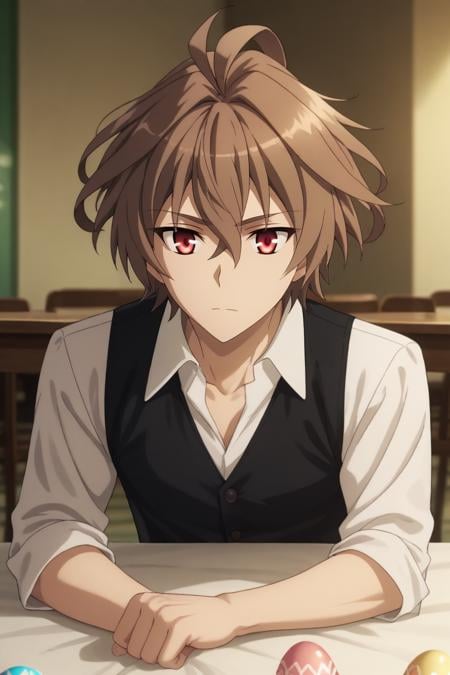 score_9, score_8_up, score_7_up, source_anime, rating_safe, , anime screencap, , , , depth of field, 1boy, solo, male focus, <lora:sieg_fate_apocrypha_pony:0.96>, sieg_fate_apocrypha, brown hair, red eyes, short hair, hair between eyes, bangs, ahoge, upper body, restaurant, noon, lying, on stomach, :o, easter costume, <lora:sdxl_lightning_8step_lora:1>