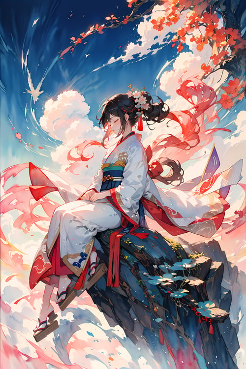 1girl, hanfu, divine scenery, closed eyes, chinese clouds, mount taixuan, (watercolor:1.2)
