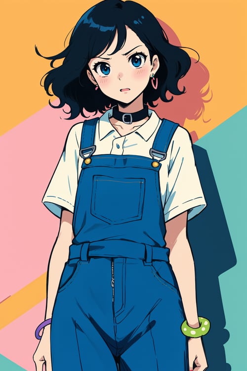 Positive prompt:(masterpiece,best quality,high quality:1.2), kawaii style girl, sexy,the wind rises . cute, adorable, brightly colored, cheerful, anime influence, highly detailed, bracelets,Collar,jewelry, curly hair, overalls and t-shirt,annoyed,Gorge, neon, shadow, precisely drawn illustration, trending on pixiv