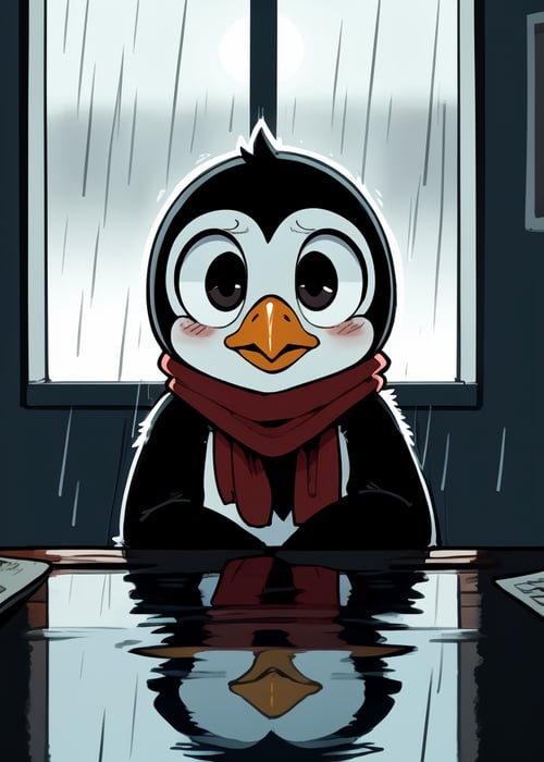 by Inu-Sama, by Nuclearwasabi, by Reccand, toony feral (penguin:1.25), red scarf, big eyes, looking at viewer, (head hands, front view:1.25), half-length portrait, worried face, BREAK, office, table, computer, (water reflection, raining, reflective floor), (foreground silhouette, backlighting, detailed background:1.3), masterpiece, best quality, 4k, 2k, high detail, absurd res