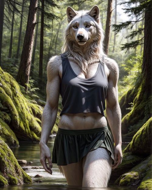 anthro, white wolf, female, adult, mini skirt, tank top, realistic fur, detailed background, wilderness background, hyper realism, RAW photo, (realism, photorealistic:1.3), detailed, hi res,