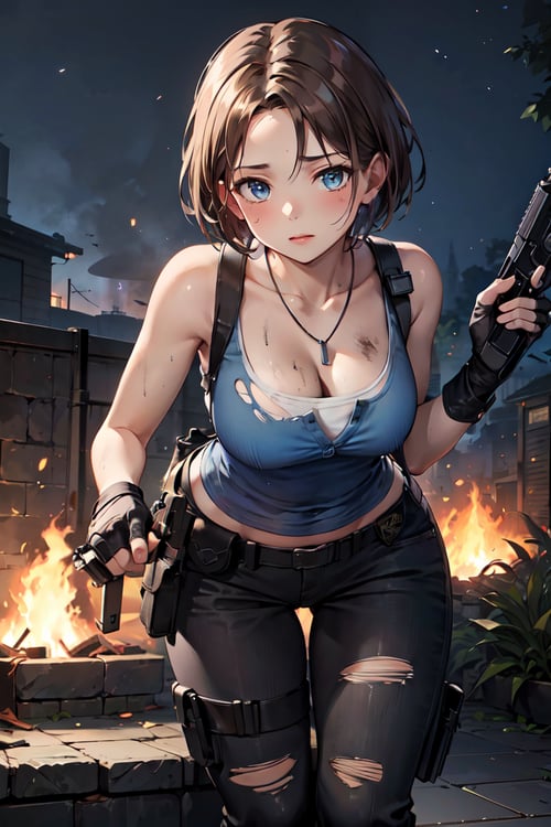 (masterpiece, best quality:1.4), insaneres, absurdres, solo, looking at viewer,BREAK GAME_ResidentEvil3Remake_JillValentine_ownwaifu, short hair, breasts, brown hair, necklace, jill valentine, blue eyes, nose, dog tags, large breasts, collarbone, tank top, gloves, jewelry, fingerless gloves, pants, belt, holster, cleavage, shoulder holster, thigh holster, sleeveless, denim, pendant, bare shoulders, blue tank top, black pants, belt pouch, (leaning forward, holding gun), cowboy shot, garden, night, fire, debris, <lora:GAME_ResidentEvil3Remake_JillValentine_ownwaifu:0.5>, (dirty, torn clothes:1.2)
