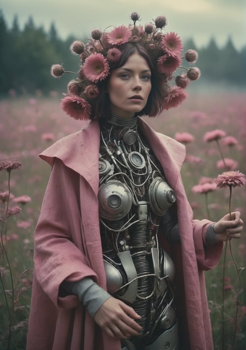 A Woman adorned in giant Natural Dry flower Bouquet, a vintage photo depicting a mechanical hybrid seer cyborg giant costumed AS Horror Freak flower Sales man emerging from a tattered pink linen cloak, adorned with numerous eyes, infront a dystopian, neon dark flower meadow,  very detailed, atmospheric haze, Film grain, cinematic film still, shallow depth of field, highly detailed, high budget, cinemascope, moody, epic, OverallDetail, gorgeous, 2000s vintage RAW photo, photorealistic, candid camera, color graded cinematic, eye catchlights, atmospheric lighting, skin pores, imperfections, natural, shallow dofintricate, elegant, fantasy art, portrait, dark, retro, ecstatic, plain, powerful, realistic, profoundly red dark color