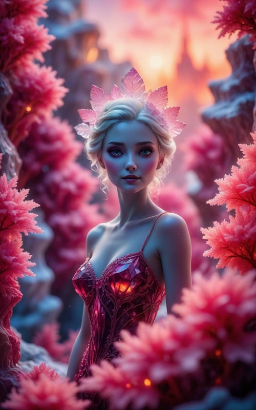 (best quality, 4k, 8k, highres, masterpiece:1.2), ultra-detailed, realistic, photorealistic, Produce a photo capturing a surreal scene of a ghostly long-tailed crystal adorned with black, pink, fuchsia, and red hues. Include a woman surrounded by highly detailed, frozen organically grown crystals. Enhance the composition with gold and pearl filigree. Infuse the atmosphere with glowing stardust. Ensure a 35mm photograph with smooth focus and an 8K. Aim for a perfect composition embodying the essence of a lively coral reef background, creating a hyper-realistic masterpiece with natural light and high detail.