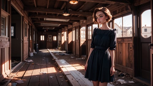 FlorencePugh,Parisienne dress,feminine pose,well-lit wooden structure,abandoned Wild West ghost town,late afternoon,colorful red orange yellow light,very emotional camera angle,medium format camera,in the style of (Life Magazine),