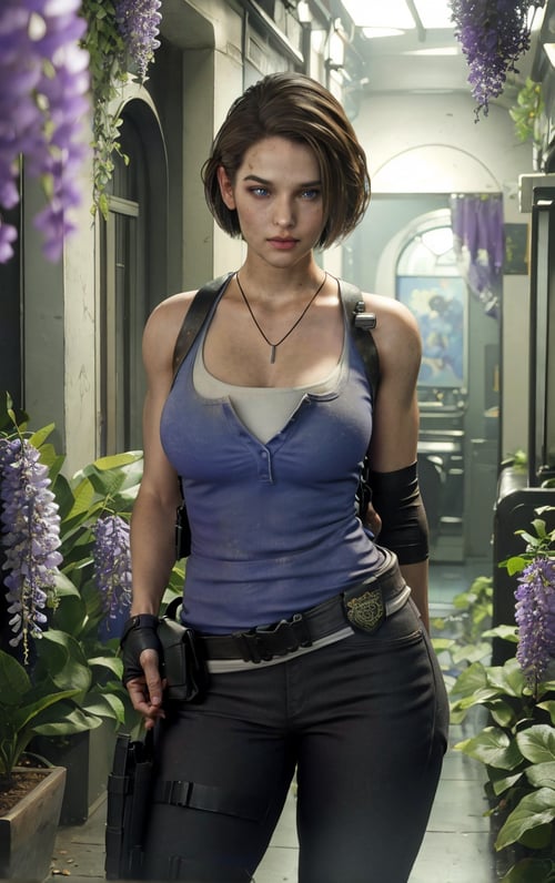 (masterpiece, best quality:1.4), insaneres, absurdres, solo, looking at viewer,BREAK GAME_ResidentEvil3Remake_JillValentine_ownwaifu, short hair, breasts, lips, brown hair, necklace, jill valentine, blue eyes, nose, dog tags, large breasts, collarbone, tank top, gloves, jewelry, fingerless gloves, pants, belt, holster, cleavage, shoulder holster, thigh holster, sleeveless, denim, pendant, bare shoulders, blue tank top, black pants, belt pouch, (leaning forward, arms behind back), cowboy shot, garden, wisteria, outdoors, <lora:GAME_ResidentEvil3Remake_JillValentine_ownwaifu:0.85> , depth of field 
