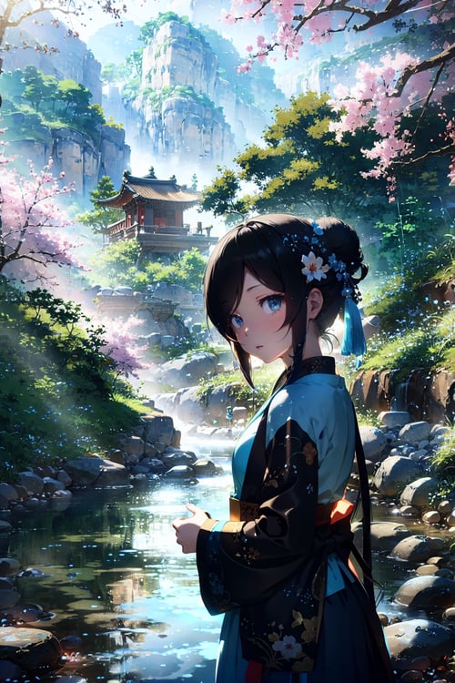 (masterpiece, best quality), Cinematic, Fancy effects, Petite, Intricate details, good anatomy, shuimobysim, (1 girl:1), (upper body), short hair, (hanfu), (ecchi0.5), (trees:0.5), (flowers:0.6), (wooden house:0.2), (bamboo forest:0.2), (creek:0.2), (river:0.2), Red hanfu, red silk，chinese style，ming style，Blue and white porcelain，The texture of cyan，green: 0.8, blue:1.1, chinese clothes, china dress, chinese text, yue \(chinese wife diary\), white_hair, black_hair, Colored tips, Absurdly long hair, Bangs, Sidelocks, Antenna hair, Double bun, Half updo, Pale skin, Red headwear, nature, landscape, anime, wallpaper, pastel colors, scenery，Chinese painting：1.2，wintersweet, cherry blossoms