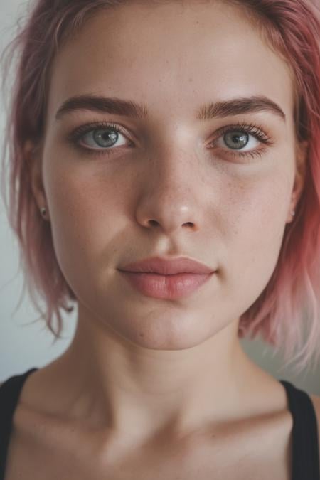 Generate a close-up image that captures an 18-year-old girl with rainbow-colored hair and a sweaty face, looking seductively and directly into the camera, wearing skimpy pink sportswear, perhaps after a strenuous workout or sports activity.