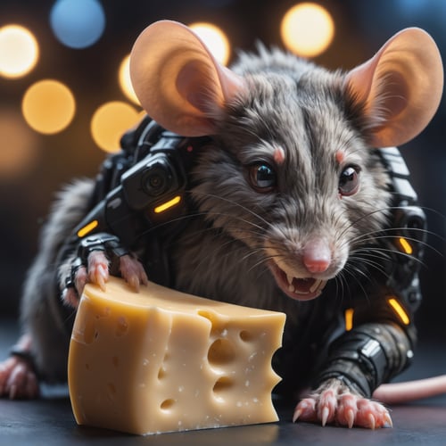 closeup photo of a cyberpunk mouse it eating cheese, detailed realistic fur, paws, fangs, high quality photography, 3 point lighting, flash with softbox, 4k, Canon EOS R3, hdr, smooth, sharp focus, high resolution, award winning photo, 80mm, f2.8, bokeh