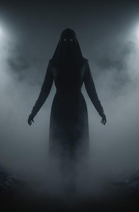 demonic, spooky, scary shadow figure woman emerging from the darkness, black and grey gradient, foggy, realistic, 8k, unreal engine, cinematic