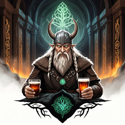 Epic artwork vector logo ,insane details odin in valhalla  hall,vikings drinking met, yggdrasil, glowing runes,, valhalla,( text:"valhalla")