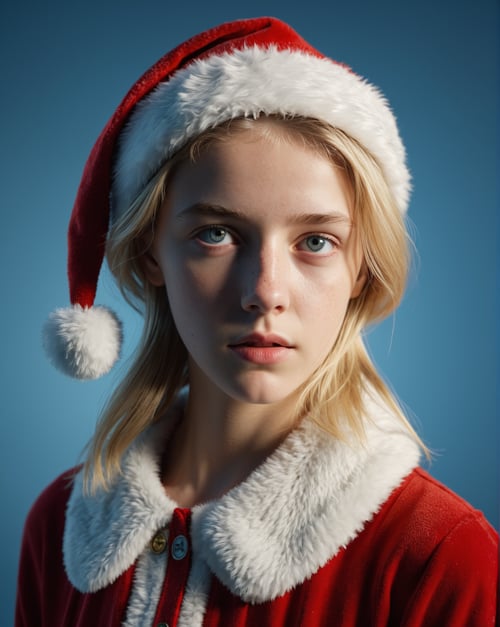 (Christmas:1.3) wearing santa claus dress, portrait of a teen girl, 18 years old, shy, introvert, short straight blonde hair, light blue background, loose outfit, high resolution, photorealistic, photo, realism, sharp photography, a photograph of, maximum detail, sharp focus, intricate details, ultra - realistic, cinematic lighting, volumetric lighting, photography, beautiful details, cinematic lighting, render, 8k, Portra 800 medium format film, 105mm SMC Takumar, 3200 dpi scan, mist, octane render, unreal engine, 8k, photorealistic, digital, detailed, extra fine details, award photo quality, photorealism, 8k, uhd, unreal engine, octane, highly realistic resolution uhd 8k octane,   <lora:dmc:1>