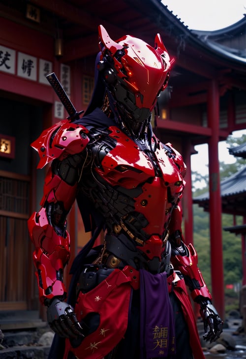 cinematic film still cinematic film still stylized by Sam Mayle, photograph, concept art, (breathtaking red armored cybernetic robot, cloake red and golden shinobi, cyberpunk demon helmet, futuristic, exosuit, tactical, advanced gear, hero pose, highly detailed, futuristic, intricate, elegant, standing in a cyberpunk shinto shrine:1.3) , she has a Lavender, Pale Pink and Gray Samurai Mask, film grain, Kodak portra 800, 50mm, elaborate, photorealism, luxury, A breathtaking red armored cybernetic robot stands proudly in a cyberpunk Shinto shrine. The robot is adorned with a cloak that radiates red and gold hues. Its head is protected by a demon helmet, adding an air of mystery to its appearance. The robot's exoskeleton is visible on its arms and legs, hinting at its advanced technology and power. It holds a weapon in one hand while its other hand rests gently on its hip. The background reveals the intricately designed shrine, further emphasizing the futuristic setting of the scene. The attention . shallow depth of field, vignette, highly detailed, high budget, bokeh, cinemascope, moody, epic, gorgeous, film grain, grainy . shallow depth of field, vignette, highly detailed, high budget, bokeh, cinemascope, moody, epic, gorgeous, film grain, grainy