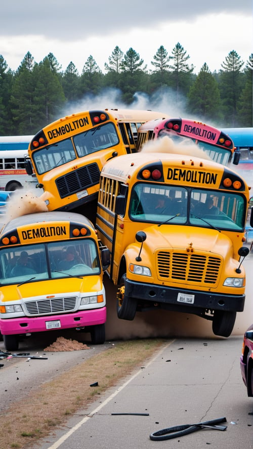 School buses in a demolition derby smashing into each other.
