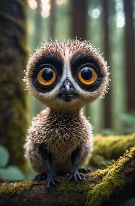 Medium shot, Adorable creature with big reflective eyes, moody lighting, best quality, full body portrait, real picture, intricate details, depth of field, in a forest, fujifilm xt3, outdoors, bright day, beautiful lighting, raw photo, 8k uhd, film grain, unreal engine 5, ray tracing