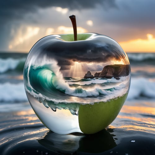 Imagine a photograph capturing an extraordinary and surreal subject: a transparent apple, crystal clear and perfectly formed, revealing a highly detailed, tumultuous miniature sea raging within. The apple sits boldly in the center of the frame, its smooth, glass-like surface reflecting light and offering a window into the dynamic scene inside. Within, the stormy sea is a marvel of miniaturization - tiny waves crest and crash with realistic ferocity, and if one looks closely, minute flashes of lightning and swirls of wind can be discerned, adding to the tempest's drama. The background of the photo is intentionally simple, perhaps a soft, neutral color or a subtle gradient, ensuring that all attention is drawn to the striking contrast between the serene exterior of the apple and the wild, chaotic seascape it contains. The lighting is key, illuminating the apple in a way that highlights the intricate details of the storm inside while maintaining the overall clarity and impact of the image.