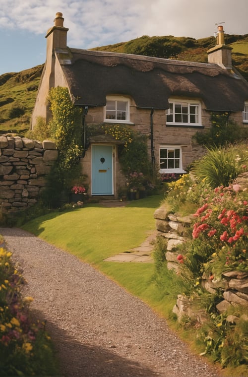 a beautiful cottage, scotland coastal village, (sharp focus:1.2), extremely detailed, (photorealistic:1.4), (RAW image, 8k high resolution:1.2), RAW candid cinema, 16mm, color graded Portra 400 film, ultra realistic, cinematic film still, subsurface scattering, ray tracing, (volumetric lighting) 