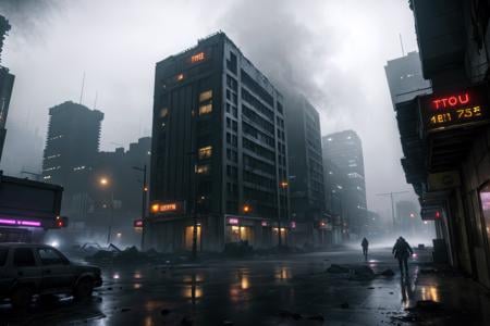 dark futuristic scenery, atmospheric fog, moonlight, futuristic city, dirty streets, trash on street, run down buildings, (postapocalyptic city:1.3)