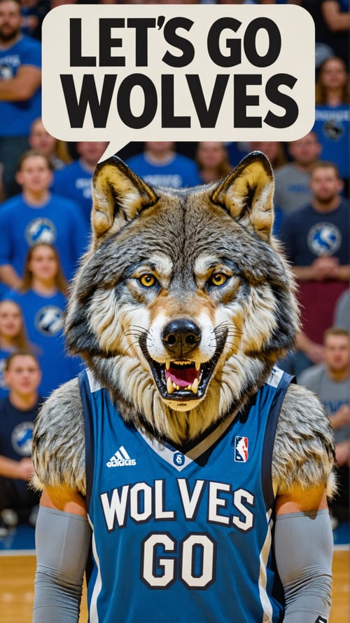 Photo of Timberwolves mascot with a text bubble that says "LETS GO WOLVES" MEMES 