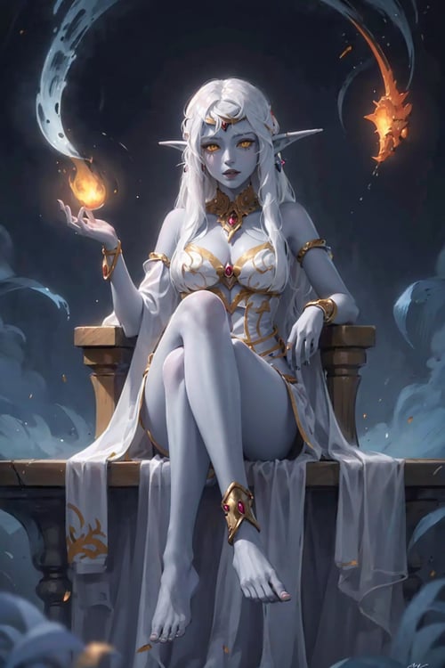 (high quality, detailed, beautiful), 1girl, perfect face,Azshara, elf ears, long ears, white hair, long hair, long brows, colored skin, blue skin, grey skin, yellow eyes, jewelrywhite clothes, sitting, legs crossed, barefoot,dark background,<lora:Queen_Azshara_Elf__World_of_Warcraft:0.7>
