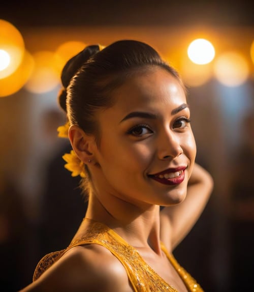 photograph, (deep yellow theme:0.7) , over the shoulder shot of a Funny Happy young_woman Ballroom Dancer, she is looking evil, at Sunrise, Tranquil, Warm lighting, dynamic, dslr, 800mm lens, extremely hyper aesthetic