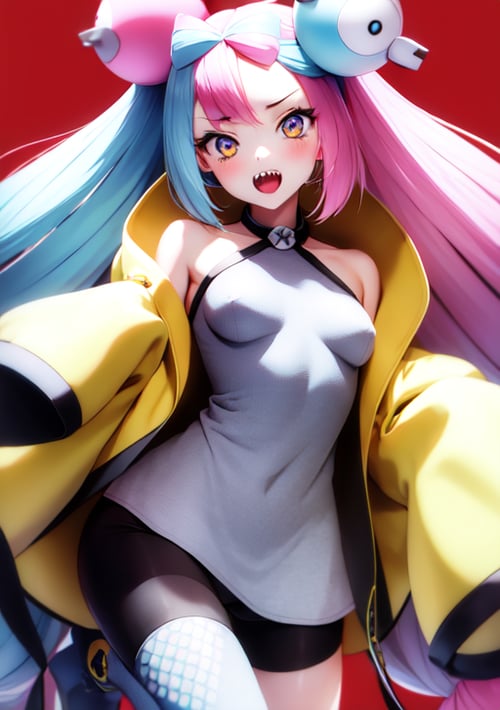 <lora:Iono:0.8>, iono, 1girl, solo, long hair, breasts, open mouth, shirt, hair ornament, twintails, very long hair, jacket, pink hair, pantyhose, multicolored hair, small breasts, teeth, sleeveless, two-tone hair, sleeves past wrists, upper teeth only, sharp teeth, ?, sleeves past fingers, low-tied long hair, yellow jacket, oversized clothes, split-color hair, grey pantyhose, single leg pantyhose, bow-shaped hair, character hair ornament, very long sleeves, x
