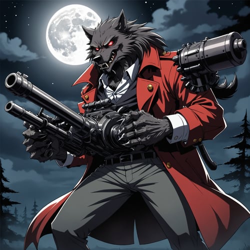 hellsing style anime werewolf in a full moon night holding his huge gatling gun