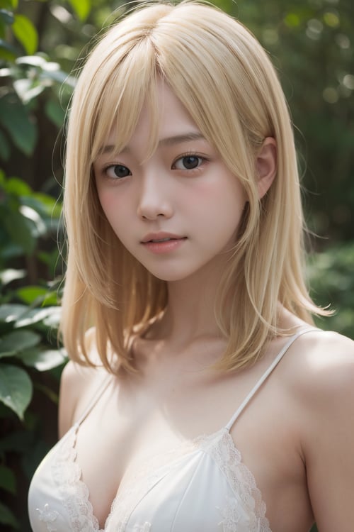 (((deep in the woods))), ((looks at viewer)), (((Only the face enters the camera))),  (Focus on the face), 人物：a korean girl, Pure and lovely korean girl, 優化：(((Realistic and delicate high-resolution structure: 1.4,  Realistic and delicate high-quality structure: 1.4))), Photo taken with Canon EOS 5D Mark4 and SIGMA Art Lens 35mm F1.4 DG HSM,  F1.4,  ISO 200 Shutter Speed 2000, (Masterpiece,  high quality,  meticulous and delicate), 頭髮：(((light blonde color))), (bangs), ((medium length hair)), 服飾：(((Spaghetti strap sleeveless low-cut sheer dress with lace pattern)))