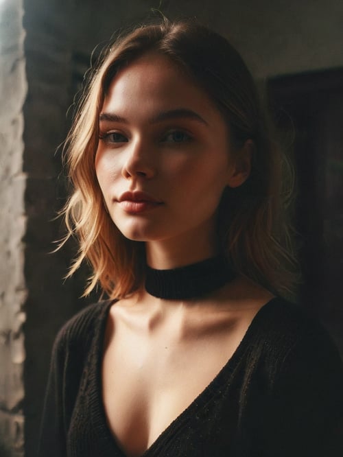 instagram photo, closeup face photo of 23 y.o Chloe in black sweater, cleavage, pale skin, (smile:0.4), hard shadows<lora:MysticVision_XL_fp16:1.5>