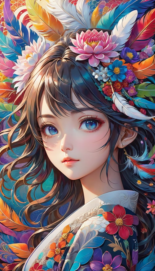 Zen painting illustration,anime art style,masterpiece,top quality,best quality,official art,beautiful and aesthetic,(1girl:1.2),extremely detailed,colorful,flowers,highest detailed,zentangle,abstract background,shiny skin,many colors,feathers,