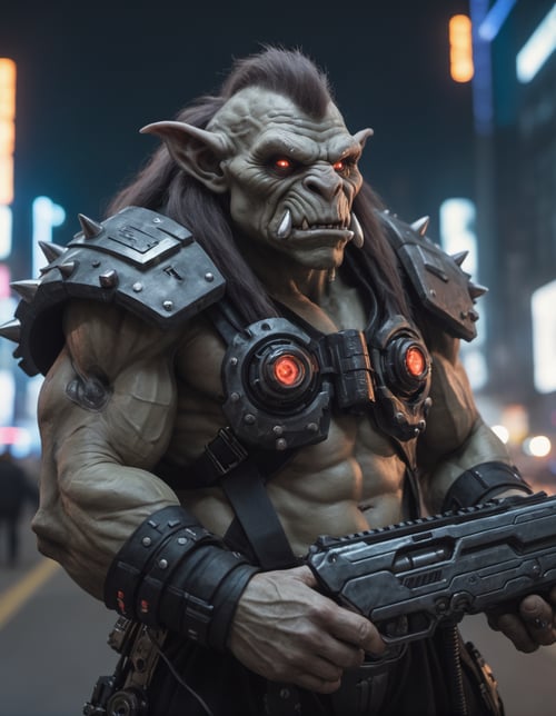 Closeup photo of a cyberpunk mountain troll in night city holding a futuristic gun