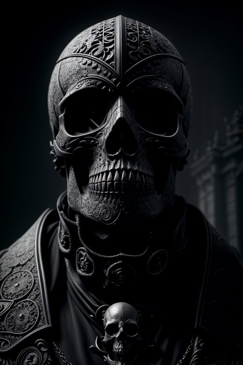 Photorealistic 8k photography, Low-angle digital artwork, (Intricately detailed skull:1.2), Symmetrical harmony, Gothic art style, (Chiaroscuro technique:1.3), Cerebral patterns, Piercing blue eye, Ancient wisdom, Towering weathered buildings, Dystopian essence, Fog-shrouded abyss, Monochromatic palette, Eerie surveillance, Foreboding aura