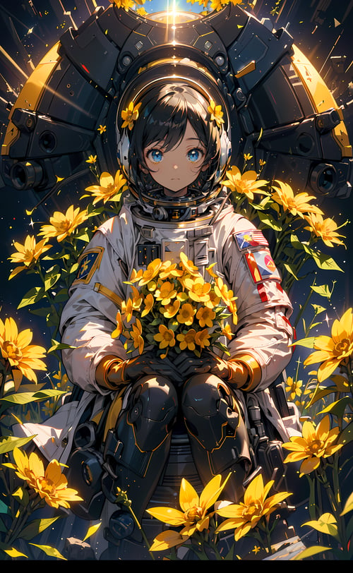 (masterpiece, best quality), cinematic composition, letterboxed, depth of field, solo focus, astronaut sitting in a field of yellow flowers with resting on the ground, gloves, yellow flower, black gloves, spacesuit, science fiction, sunlight, black hair, blue eyes, looking at viewer
