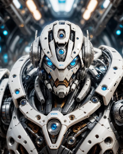 full_body, 1man, mecha, glowing blue eyes, cute, biomechanical, complex robot, interior spaceship background in bokeh, hyper realistic, hyper detailed, intricate, insane fine details, crisp focus  <lora:compb0t:0.8>