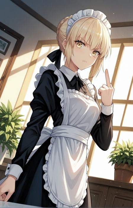 score_9, score_8_up, score_7_up, score_6_up, score_5_up, score_4_up, BREAK source_anime, 1girl, clothed, saber alter, indoors, potted plant, window, sunlight, by kasumi \(skchkko\), looking at viewer, serious, dutch angle, (maid uniform:1.1), braid, (double middle finger:1.1)