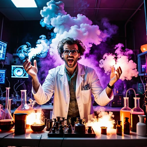 A photograph of a manic mad scientist in a chaotic laboratory, surrounded by vibrant neon lights and swirling smoke.