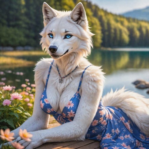 artwork (Highest Quality, 4k, masterpiece, Amazing Details:1.1), (( anthro  furry white wolf female)),laying near a lake,medium breast. deep blue eyes, wearing summer dress, (full body:1.3) Shallow Depth of Field, E671, lens 50mm f/2.0,  thin eyebrows, wavy short hair with flower hair ornament, (realistic white fur, detailed fur texture:1.2), ((photorealistic) (RAW Photo)), fangs, smile, sitting, paws, key visual, vibrant, studio anime, highly detailed,, high quality photography, 3 point lighting, flash with softbox, 4k, Canon EOS R3, hdr, smooth, sharp focus, high resolution, award winning photo, 80mm, f2.8, bokeh