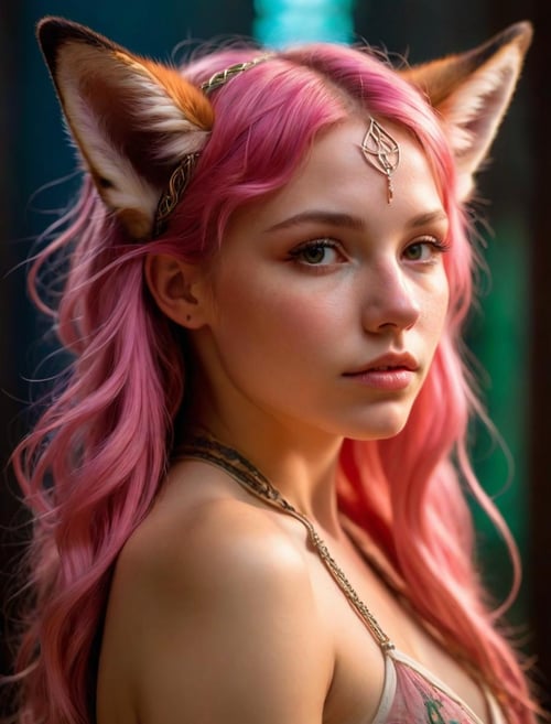 art by gaston bussiere and alphonse mucha, photograph, highly detailed, over the shoulder shot of a Cruel Celtic (young_woman, fox ears, skimpy:1.1), 20 years old, Pink hair, inside of a Balanced Palenque, deep focus, Happy, side light, double exposure, Nikon d850, F/8, Cathode tube, high quality photography, 3 point lighting, flash with softbox, 4k, Canon EOS R3, hdr, smooth, sharp focus, high resolution, award winning photo, 80mm, f2.8, bokeh
