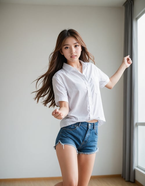 masterpiece, best quality, portrait photo of a 18 years old j-pop girl, wearing shorts, white shirt, beautiful face, perfect eyes, long hair, (jumping pose, hands up, posing to viewer), (low angle/from below),<lora:hinaMaybeBetterPoseXL_v1:0.7>