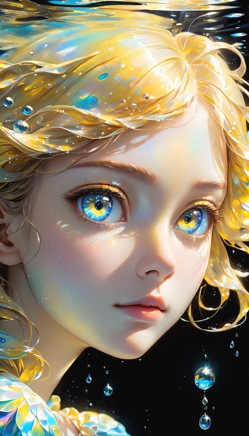 girl swims underwater,hyper detailed render style,glow,yellow,blue,brush,surreal oil painting,shiny eyes,head closeup,exaggerated perspective,tyndall effect,water drops,mother of pearl iridescence,holographic white,black background,